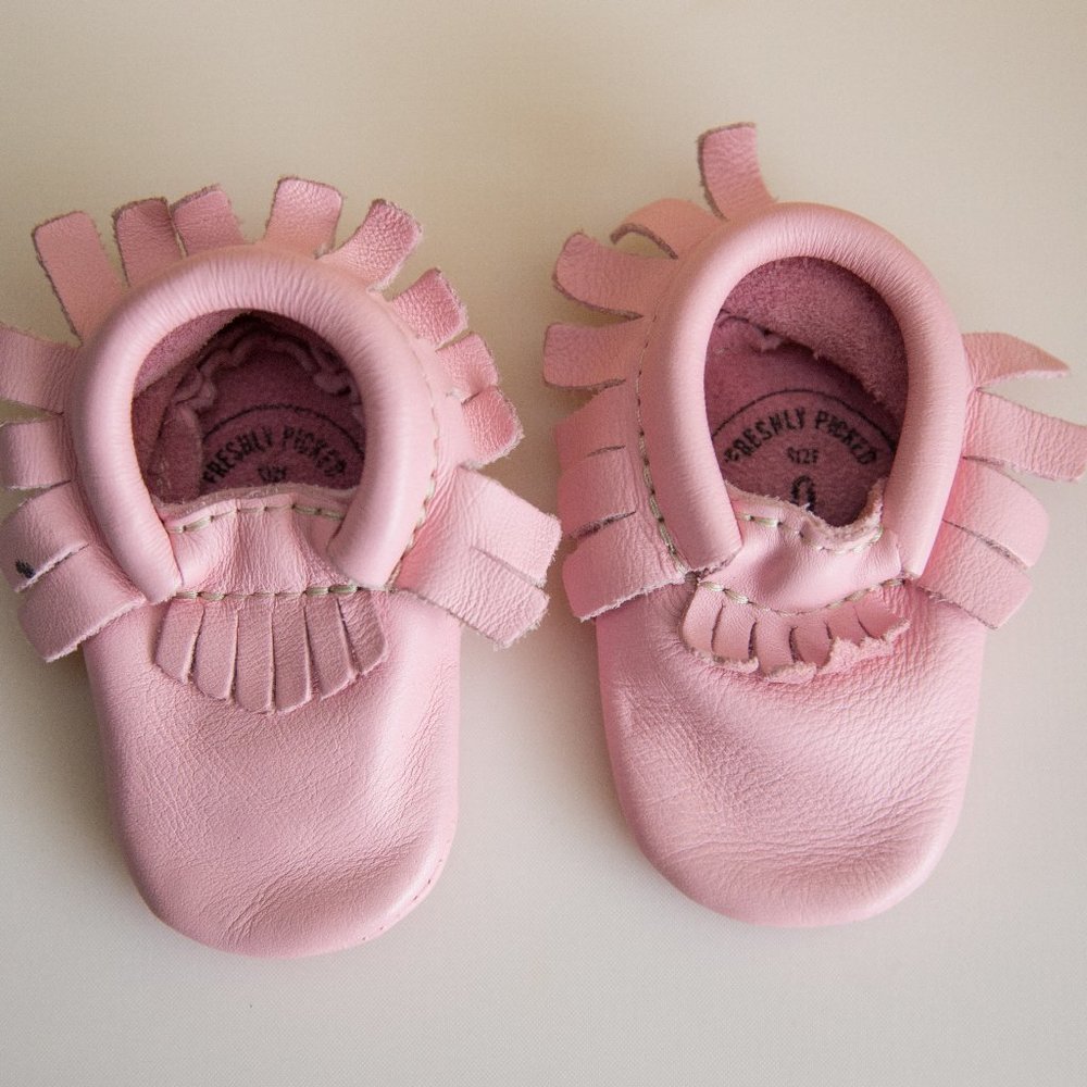 Freshly Picked Pink Newborn Moccasins.